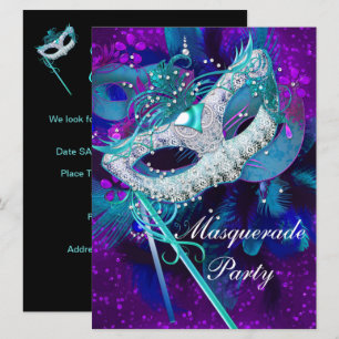Masquerade Ball Party Teal Blue Purple Masks large Invitation