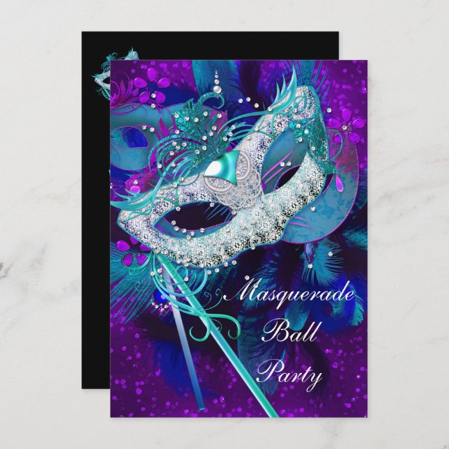 Masquerade Ball Party Teal Blue Purple Masks LGE Invitation (Front/Back)