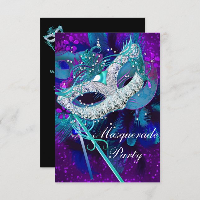 Masquerade Ball Party Teal Blue Purple Masks SML Invitation (Front/Back)