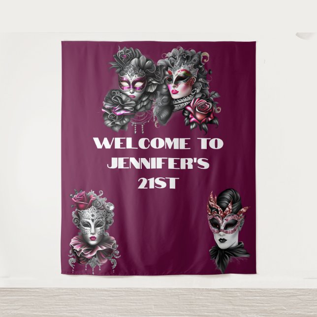Masquerade ball pink black silver masks fuchsia  tapestry (Front)