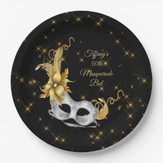 Masquerade Ball Plate, Birthday Plate, Black Gold  Paper Plate