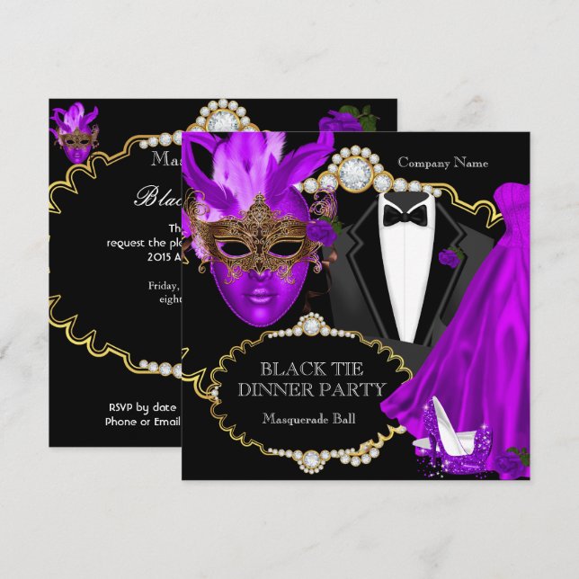 Masquerade Ball Purple Black Tie Dinner Party Invitation (Front/Back)