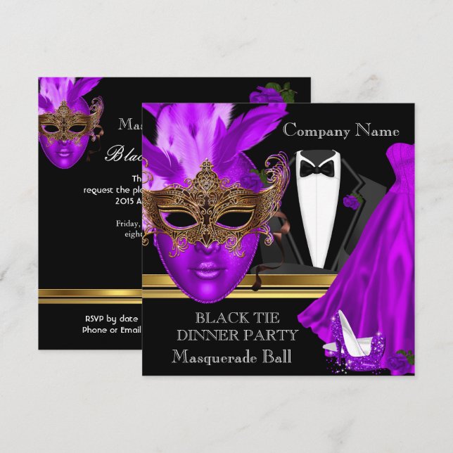 Masquerade Ball Purple Black Tie Party Invitation (Front/Back)