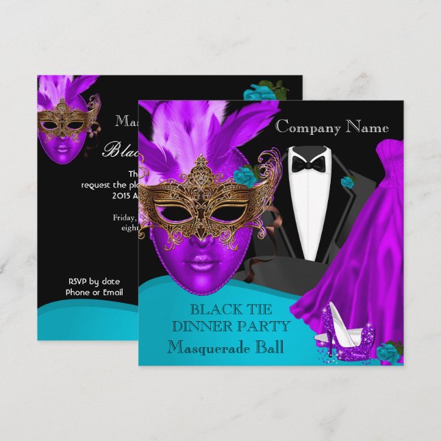 Masquerade Ball Purple Teal Black Tie Party Invitation (Front/Back)