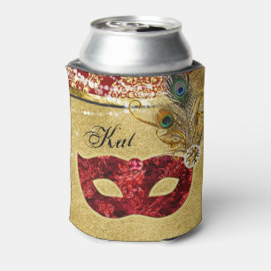 Masquerade Ball Red Gold Peacock Birthday Party Can Cooler