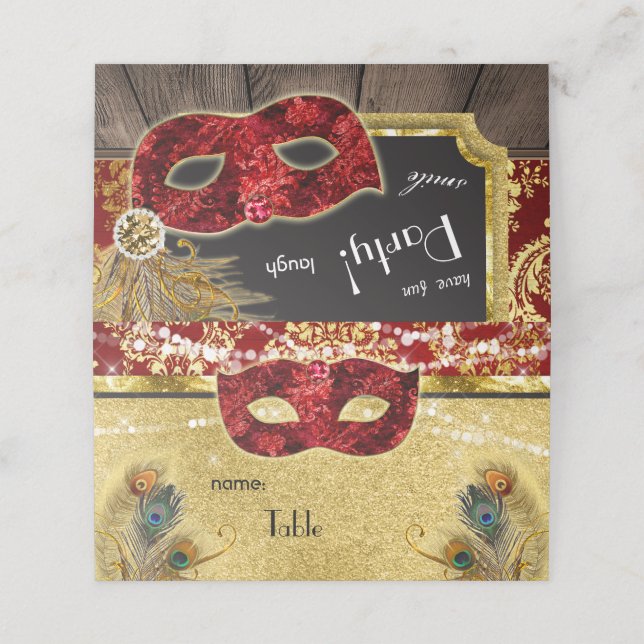 Masquerade Ball Red Gold Peacock Party Place Card (Outside Unfolded)