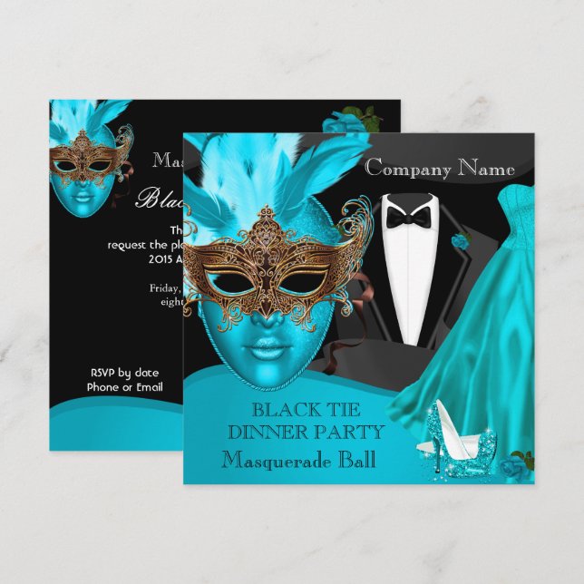 Masquerade Ball Teal Black Tie Corporate Formal Invitation (Front/Back)