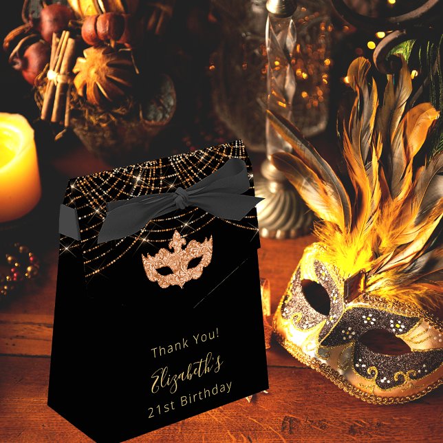 Masquerade birthday black glitter gold thank you  favour box (Creator Uploaded)