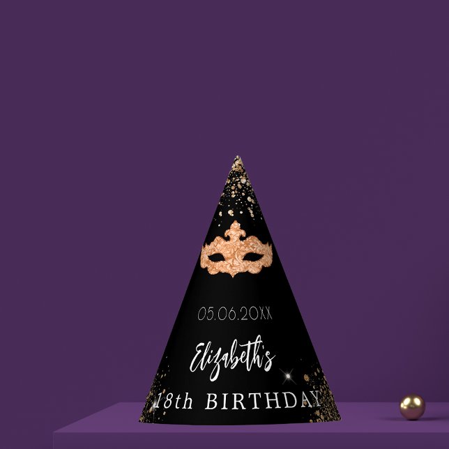 Masquerade birthday black gold mask name party hat (Creator Uploaded)