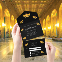 Masquerade birthday black gold mask RSVP