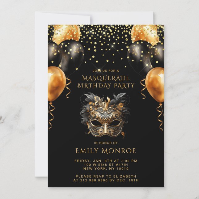 Masquerade Birthday Party Black Gold Glitter Invitation (Front)