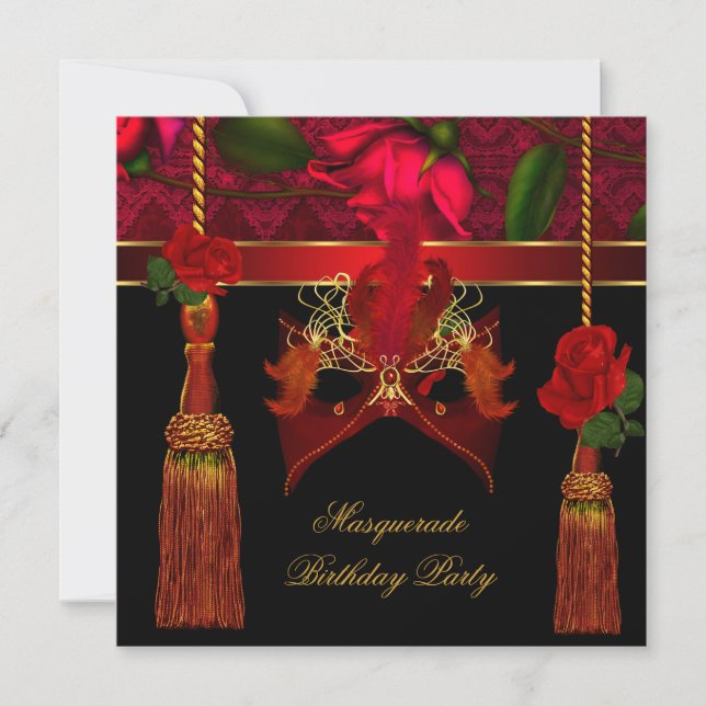 Masquerade Birthday party Black Red Rose Gold Invitation (Front)
