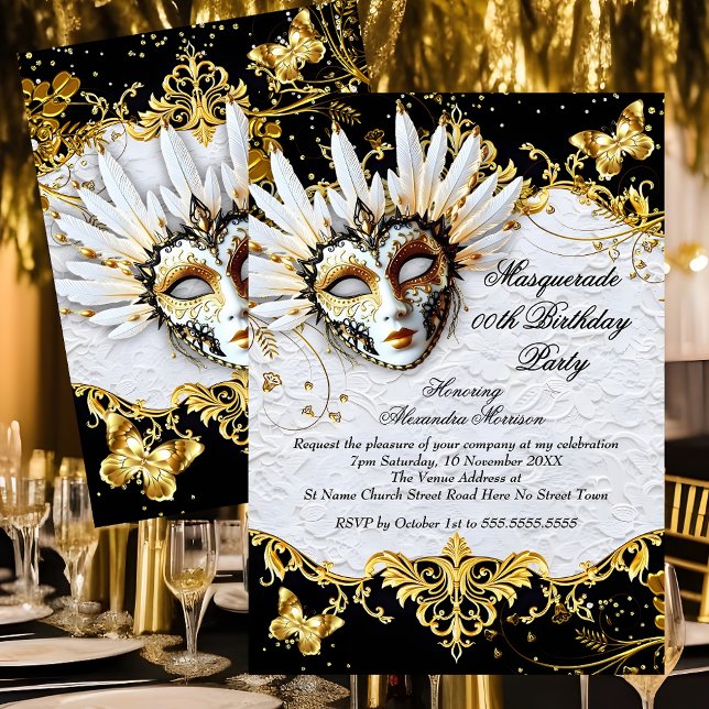 Masquerade birthday Party Gold Black White Mask Invitation (Creator Uploaded)