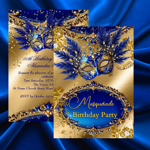 Masquerade birthday Party Gold Blue Mask Feathers Invitation