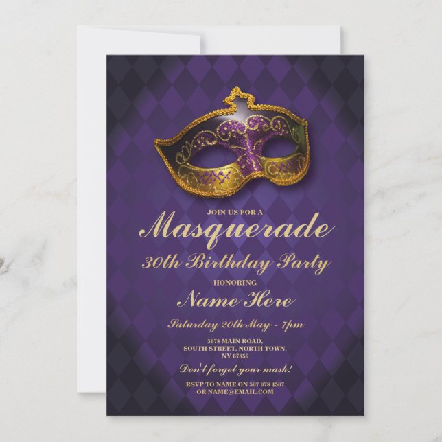 Masquerade Birthday Party Gold Purple Mask Invite (Front)