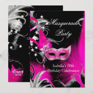 Masquerade Birthday Party Hot Pink Mask Black Invitation