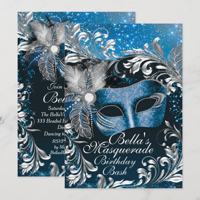 Masquerade Birthday Party Invitations (Front/Back)