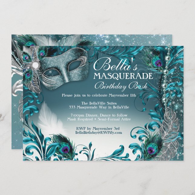 Masquerade Birthday Party Invitations (Front/Back)