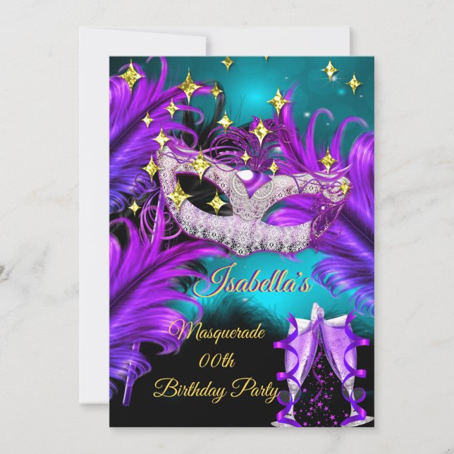 Masquerade Birthday Party mask Teal Purple black Invitation (Front)