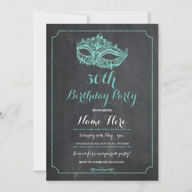 MASQUERADE Birthday Party Mint Mask Invite 40th 30 (Front)