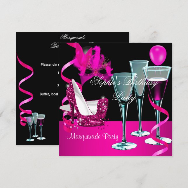 Masquerade Birthday Party Pink Wine Stiletto Invitation (Front/Back)