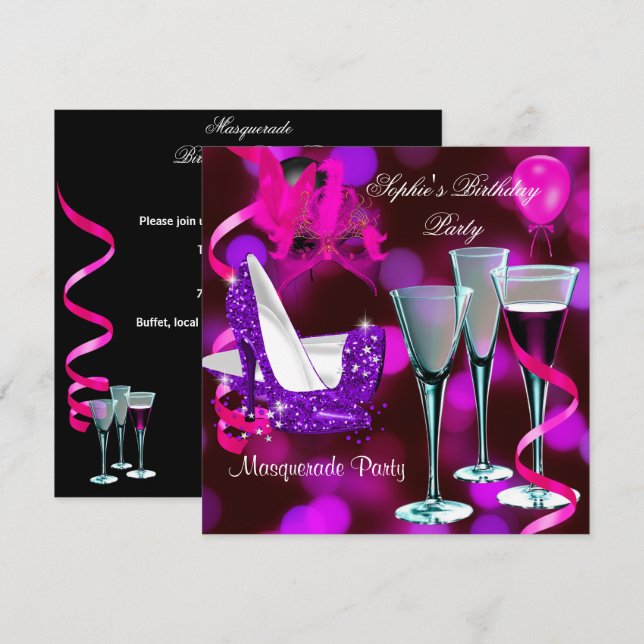 Masquerade Birthday Party Purple Pink Stiletto Invitation (Front/Back)