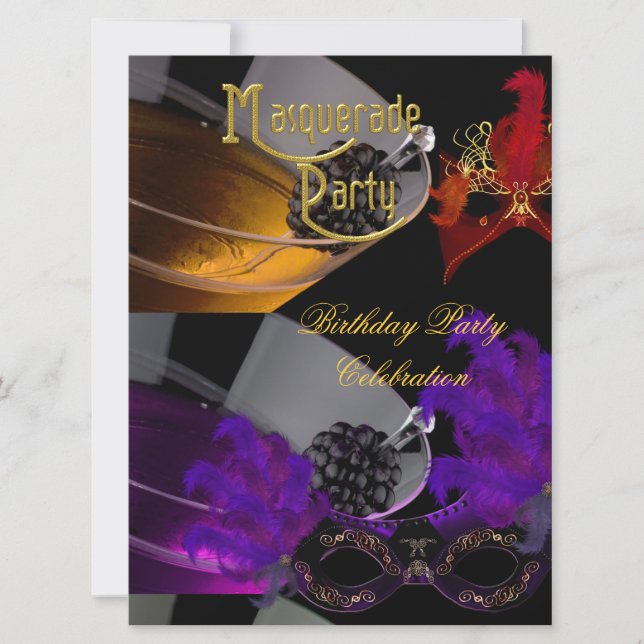 Masquerade Birthday Party Purple Red Black Masks Invitation (Front)