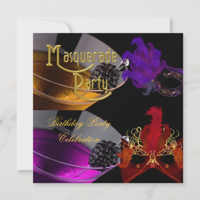 Masquerade Birthday Party Purple Red Gold Masks Invitation (Front)