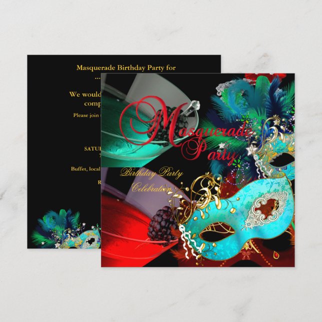 Masquerade Birthday Party Red Teal Gold Masks Invitation (Front/Back)