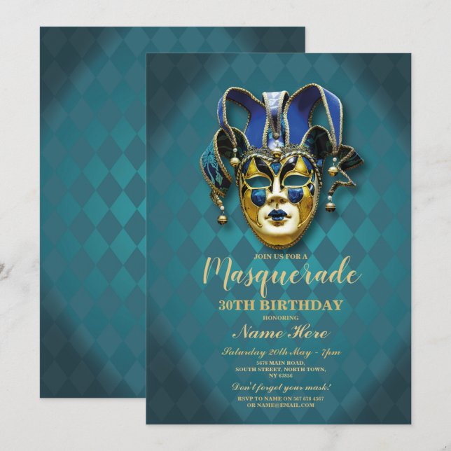 Masquerade Birthday Party Teal Gold Mask Invite (Front/Back)