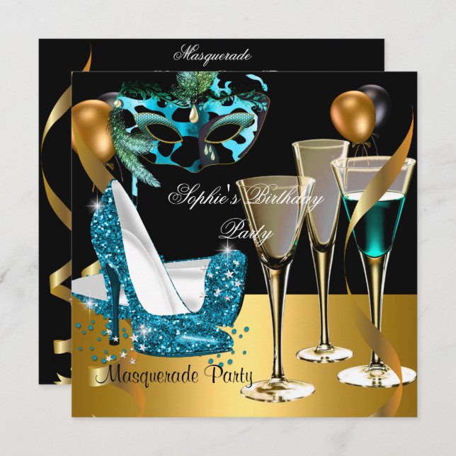 Masquerade Birthday Party Teal Gold Wine Stiletto Invitation (Front/Back)