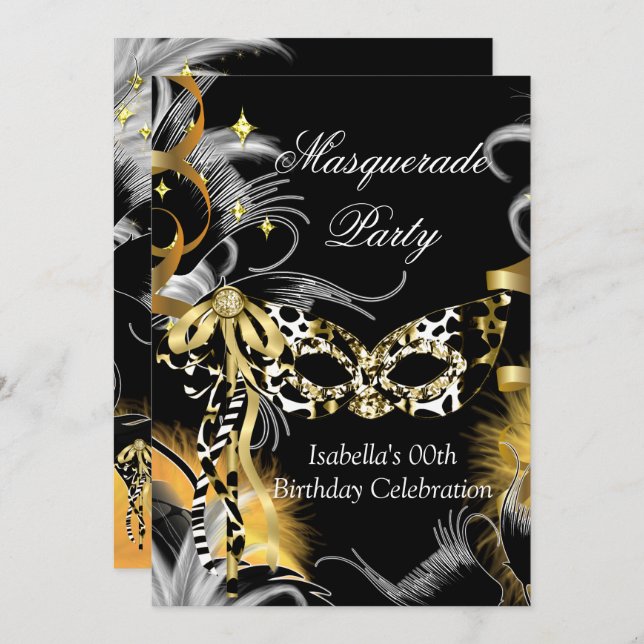 Masquerade Birthday Party Wild Mask Black Gold Invitation (Front/Back)