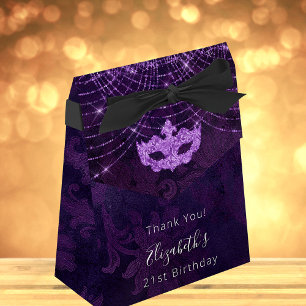 Masquerade birthday purple glitter thank you favour box