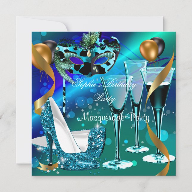 Masquerade Birthday Teal Gold Wine Stiletto 3 Invitation (Front)