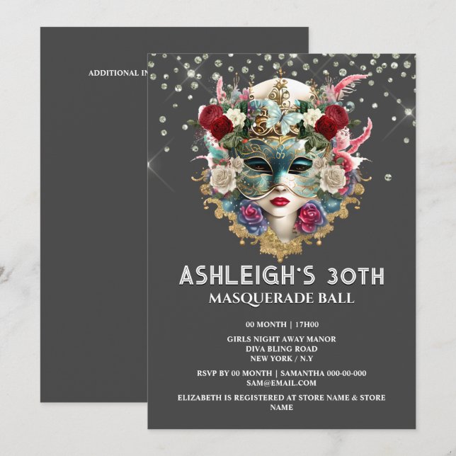 Masquerade birthday Venetian ladies face mask chic Invitation (Front/Back)
