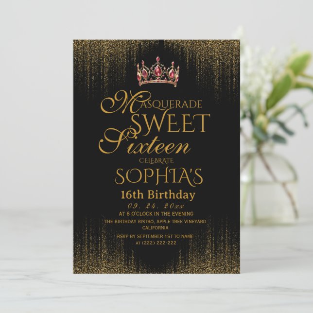 Masquerade Black Chic Sweet 16 Party Invitation (Standing Front)