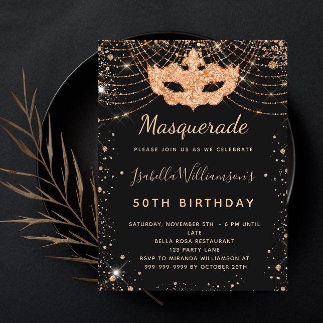 Masquerade black gold birthday budget invitation flyer (Creator Uploaded)
