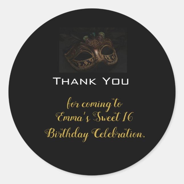 Masquerade Black Gold Birthday Thank You Classic Round Sticker (Front)
