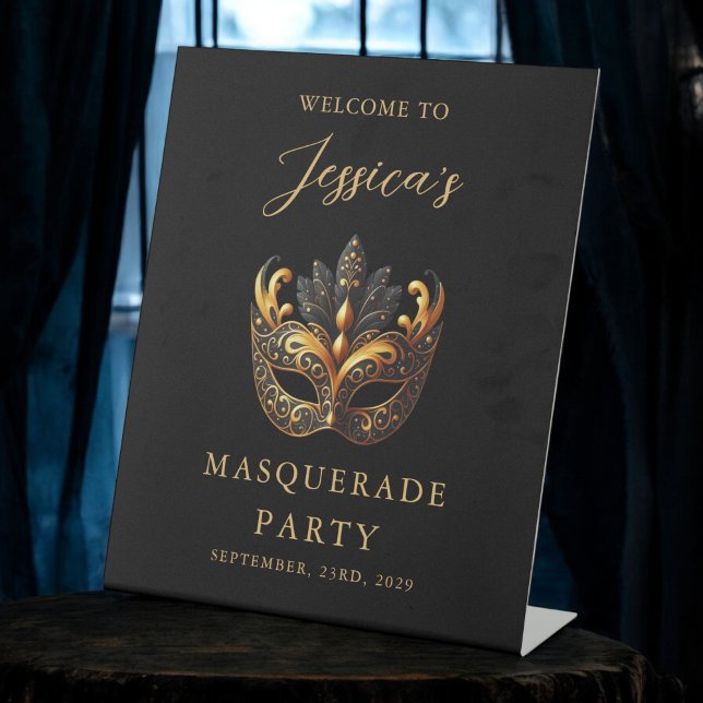 Masquerade Black Gold Birthday Welcome Pedestal Sign (Creator Uploaded)