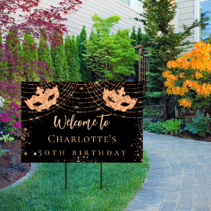 Masquerade black gold glitter birthday party garden sign