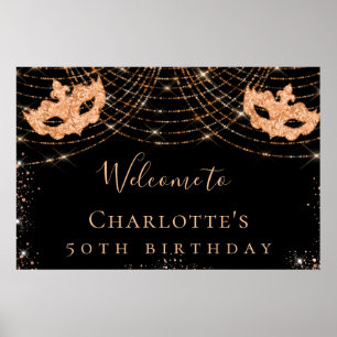 Masquerade black gold glitter birthday party poster