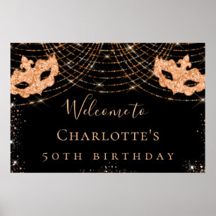 Masquerade black gold glitter birthday party poster