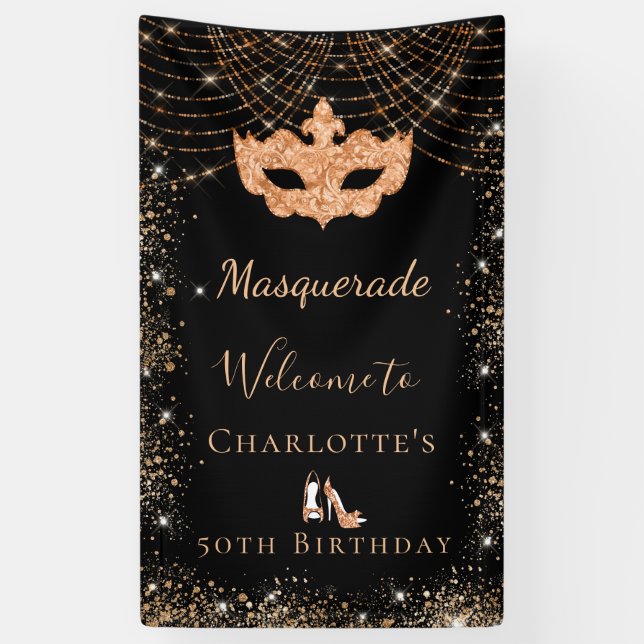 Masquerade black gold glitter dust birthday party banner (Vertical)