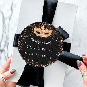 Masquerade black gold glitter dust birthday party  classic round sticker
