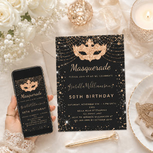 Masquerade black gold glitter dust birthday party invitation