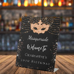 Masquerade black gold glitter dust birthday party pedestal sign<br><div class="desc">A welcome sign for a girly and glamourous 50t (or any age) birthday party. A stylish black background. Decorated with faux gold glitter sparkles and a masquerade mask.  Personalise and add a name.
Back: no design</div>