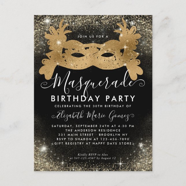 Masquerade Black Gold Glitter Dust Birthday Party Postcard (Front)