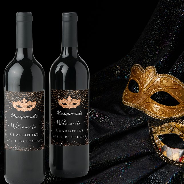 Masquerade black gold glitter dust birthday party wine label (Creator Uploaded)