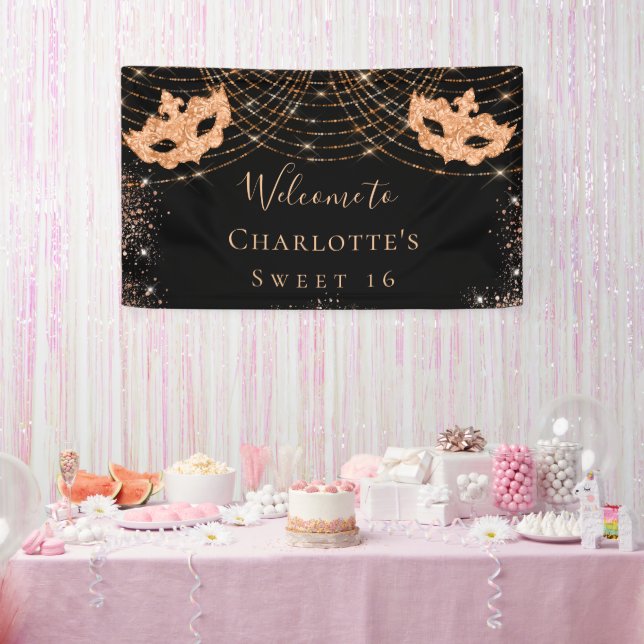 Masquerade black gold glitter dust Sweet 16  Banner (Party)