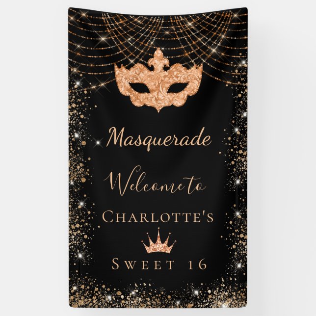 Masquerade black gold glitter dust Sweet 16 Banner (Vertical)